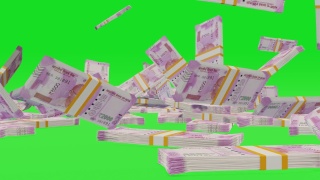 大量的钱落在chromakey背景上。2000卢比的钞票。成堆的钱。视频素材模板下载