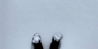 冬天穿登山靴的人走在雪地上，新雪上留下脚印。从眼睛看到的景色。脚近距离。冬季户外活动。新年，圣诞节，4K