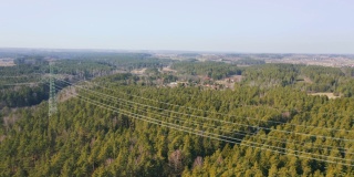 森林里的大型输电塔。不同类型的电塔在农村