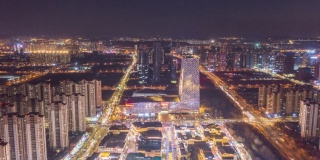 航拍中国山东济南城市商业夜景