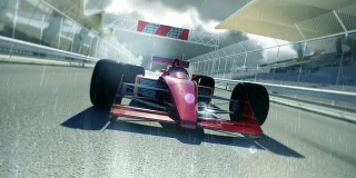 红色F1赛车在雨天