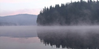日出与飘浮的雾透过树木在山上湖