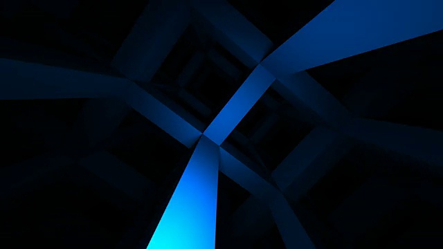 快速夜间飞行通过深蓝色抽象梁结构。3 d渲染动画