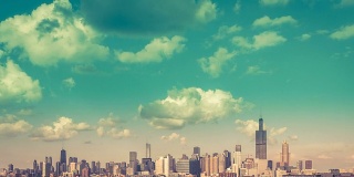 芝加哥天际线古董时间流逝与蓝天和云动态