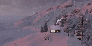 山上白雪覆盖的小房子