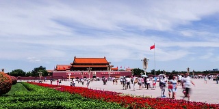 中国北京，2014年8月1日:天安门城楼和中国北京的游客(快进)