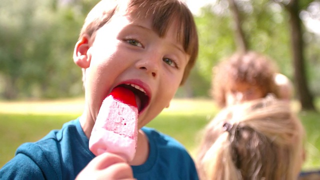小男孩在公园里愉快地舔着冰淇淋