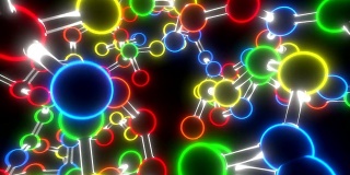分子霓虹球和棒子模型在原子、化学、生物领域中穿梭