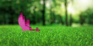 粉色小猪储蓄罐动画就以绿色美好的夏季草抵押概念