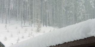 大雪降临在圣诞树和木屋的背景上