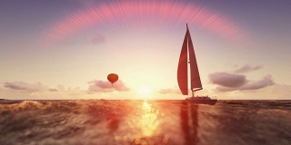 日出夏景，热气球和游艇航行，飞越大海