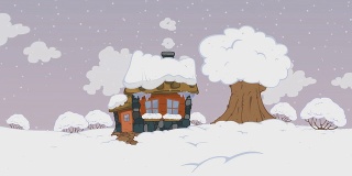 下雪。Сomfortable温暖的房子迷失在雪中