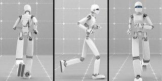 白色未来机器人在室内慢跑。正面，侧面和背面视图