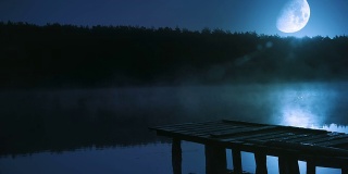 湖中月夜。浪漫的景象。循环。