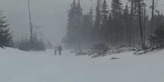 人们在暴风雪中徒步旅行