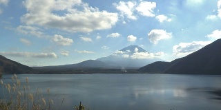 日本山梨县元津湖和富士山的秋季景观