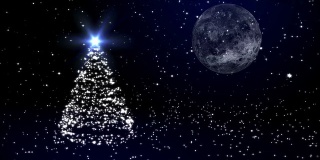 月亮和雪映衬下的圣诞皮草树