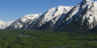 空中拍摄的森林溪流和雪山，阿拉斯加