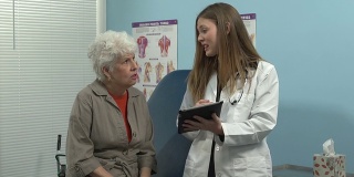 女医生用平板电脑与老年病人交谈