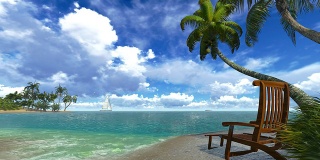 沙滩上的棕榈树和躺椅。海浪的声音