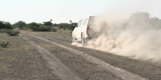 汽车行驶在尘土飞扬的非洲丛林中，博茨瓦纳