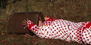 穿着白色圆点礼服的怪异女人躺在草地上，头上顶着行李箱