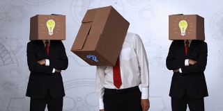 一群商人用盒子藏着脑袋