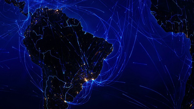 世界连接。空中、海上、地面航线/国家边界。南美洲。