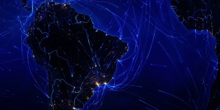 世界连接。空中、海上、地面航线/国家边界。南美洲。