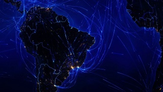 世界连接。空中、海上、地面航线/国家边界。南美洲。视频素材模板下载