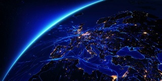 围绕地球运转的明亮连接。欧洲，城市灯火通明。