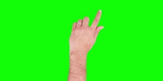 男性的手。平板电脑。结婚了。触屏手势。绿色的屏幕。