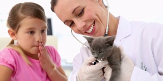 小女孩看着兽医检查她的小猫