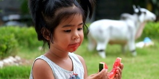 一个小女孩喜欢吃西瓜