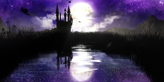 魔法之夜与城堡在池塘上空