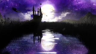 魔法之夜与城堡在池塘上空视频素材模板下载