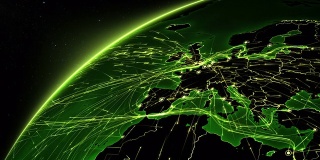 地球连接。欧洲。空中，海上，地面路线和国家边界。