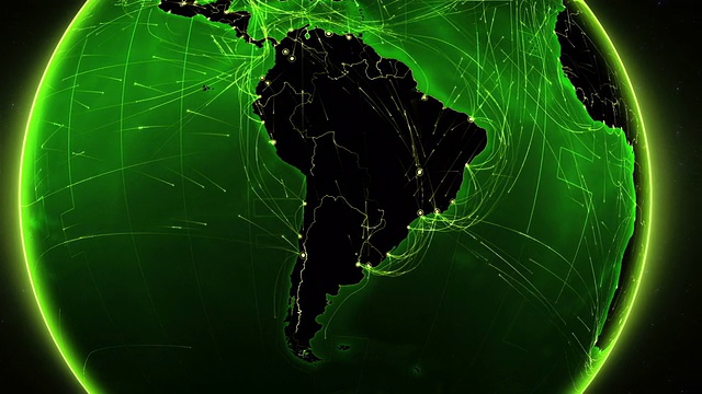 地球连接。南美洲。空中、海上、地面航线/国家边界。