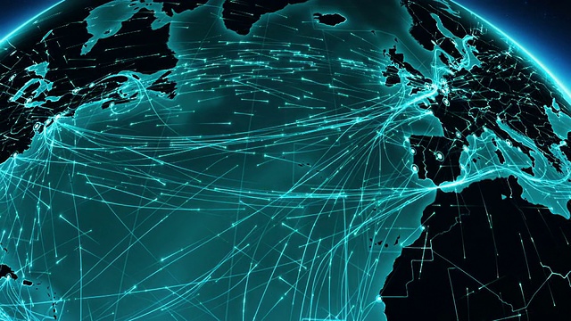 地球连接。Europe-North美国。空中、海上、地面航线/国家边界。