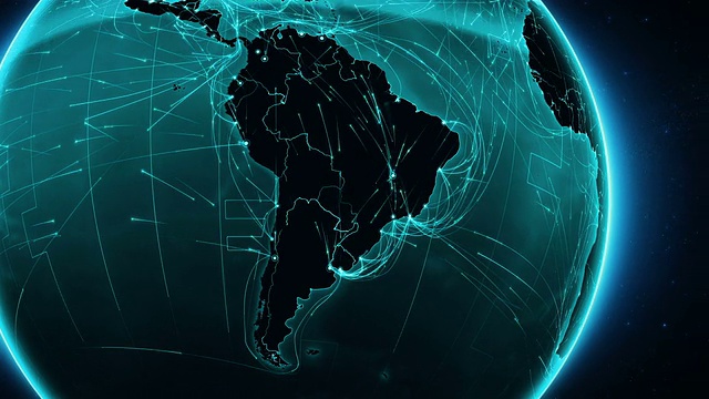 地球连接。南美洲。空中、海上、地面航线/国家边界。