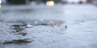 雨天的城市街道，水滴，水坑，汽车经过，超慢的动作，选择性聚焦。