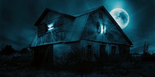 鬼屋场景，满月，魔法光，乌云，无缝循环视频。蓝色的。