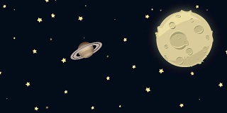 卡通月亮和土星在一个星空