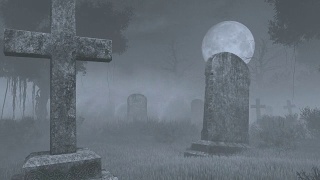 满月下阴森森的墓地。手持相机的效果视频素材模板下载