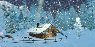 雪夜山上舒适的小茅屋
