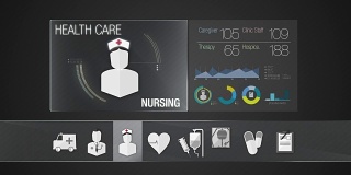医疗保健内容的护理图标。技术医疗服务。数字显示应用程序。