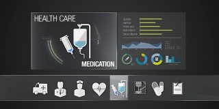 医疗保健内容的药物图标。技术医疗服务。数字显示应用程序。