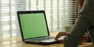 一个人在绿色屏幕的笔记本电脑键盘上打字