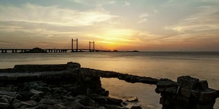 东海大桥上的夕阳，上海洋山深水港，时间间隔，4k