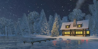 下雪的夜晚，乡村小屋和圣诞树